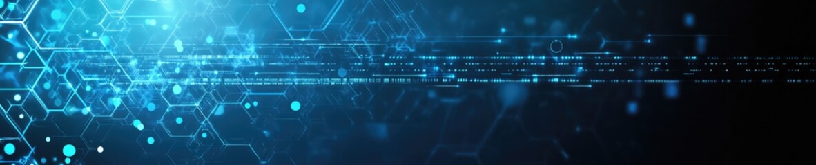 Obraz premium Blue technological background, a blue gradient, and white geometric shapes on the left side of an abstract banner with light gray and black colors, vector illustration.