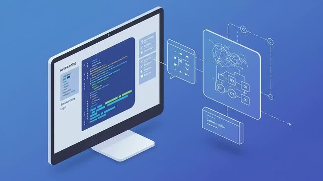Computer screen displaying coding interface with digital diagrams and flowcharts in a tech workspace