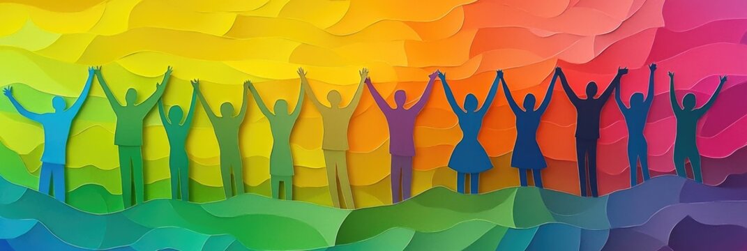 Bright, colorful paper cutouts of people standing with arms raised in the air, set against an abstract rainbow background.