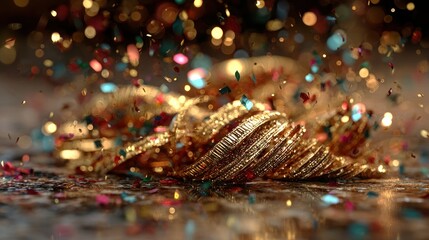 Golden jewelry amidst colorful confetti. Bokeh background