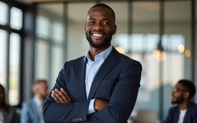 Smiling confident african businessman looking at camera and standing in an office at team meeting smiling adult businesswear. High quality