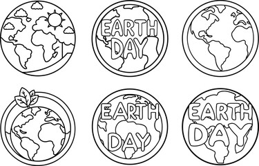 Set of Earth Day black outline vector and illustration, coloring book page