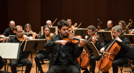Fototapeta premium Professional symphonic string orchestra performing on stage and playing a classical music concert, violinist in the foreground