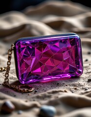 Purple Geometric Clutch Purse on Beige Fabric