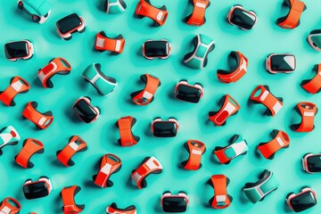 A pattern of small clay figures in shades of teal and orange, arranged to form the shape of VR headsets on an isolated pastel green background. 