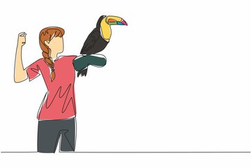 Fototapeta premium Single one line drawing keel billed toucan perched on hand of woman. Very social bird and lives in small groups. Population decreasing. Woman Holding Bird. Continuous line design graphic illustration