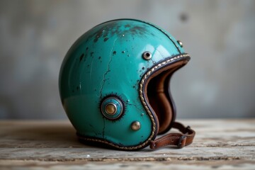 Distressed Teal Vintage Motorcycle Helmet with Leather Trim