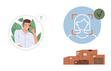 Smiling call center agent wearing a headset, verified identity icon with a checkmark, and stacked delivery boxes. Ideal for customer support, identity verification, online shopping, logistics