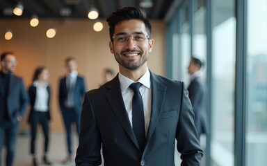 portrait of a handsome smiling asian indian businessman boss in a suit standing in his modern business company office. his workers standing in the blurry background. Generative AI. High quality