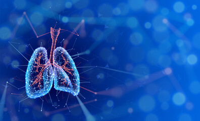 Illustration of two human lungs in a modern style using geometric shapes connected to form the shape of human lungs on a dark blue background. For medical, scientific, commercial and industry