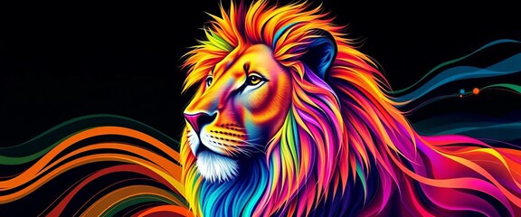 Abstract lion, vibrant colors, dynamic lines & curves , generative, modern art