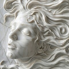 Surreal marble relief of an ethereal face with flowing hair, rendered in intricate and delicate details, capturing the essence of tranquility and beauty. The focus is on the face