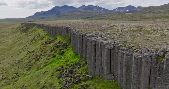Gerduberg basalt cliff island aerial shot cinematic ProRes 25p