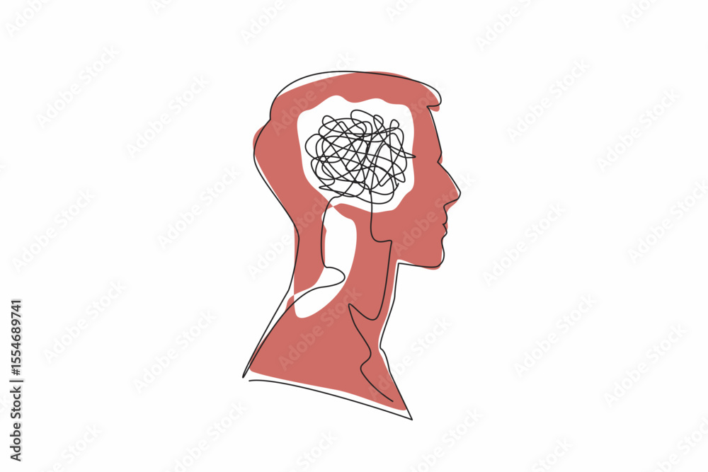 Poster continuous one line drawing the head of a man with a tangled wire in the middle of his head. too man