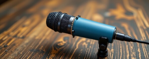Close up of Blue and Gray Microphone on Wooden Table