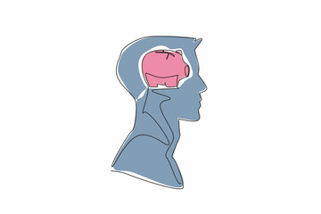 Single one line drawing the head of a young man with a piggy bank in the middle of his head. Investing for financial freedom. Save. Inside the Head of Man. Continuous line design graphic illustration