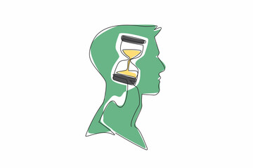 Single continuous line drawing the head of a young man with an hourglass in the middle of his head. Counting down to resign from work. Inside the Head of Man. One line design vector illustration