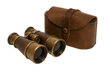 Antique brass binoculars leather case isolated on a transparent background antique binoculars