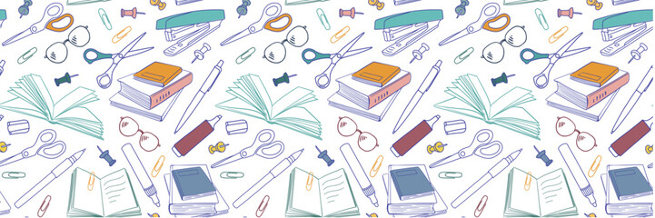 Seamless stationery pattern with open and closed books, pens, pencils and glasses. Vector outline background drawn with doodle elements. For back to school theme, library, wrapping paper, wallpaper.