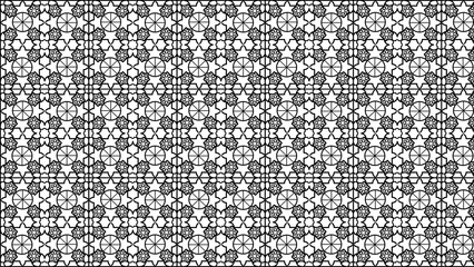Black and white geometric pattern with circles and stars in a repeating tiled design style layout