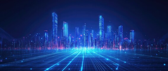 Futuristic cityscape background with glowing blue lights and digital grid lines on a dark blue background, vector illustration.
