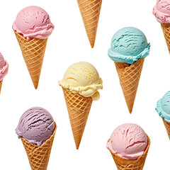 Artistic Arrangement Of Ice Cream Cones Laying Flat On White Background, Generative AI