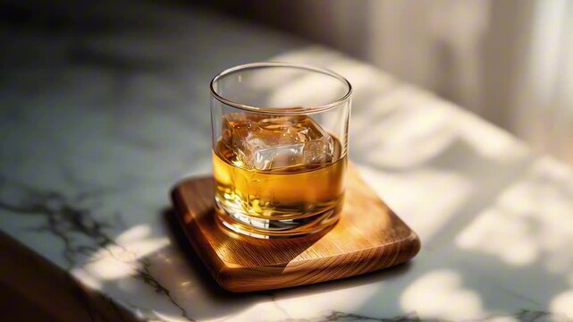Scotch Whiskey drink in clean glass with large ice cube