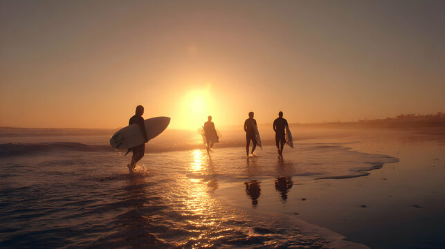 Silhouette of surfers walking towards sunset on beach