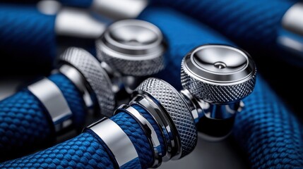 Close-up of blue hoses with silver fittings