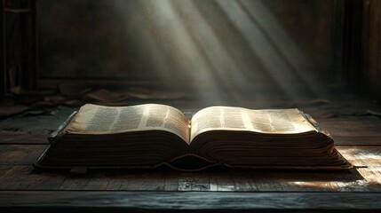 Open book on wooden surface illuminated by light rays in a dark setting.