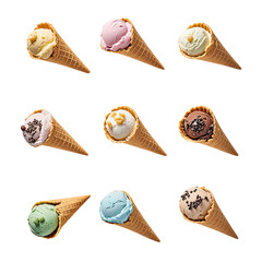 Artistic Arrangement Of Ice Cream Cones Laying Flat On White Background, Generative AI