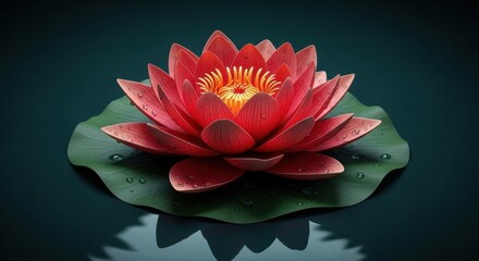 Vibrant Red Lotus Flower Floating on Dark Water Surrounded by Dewy Green Leaves