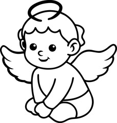 Cute baby angel black outline vector and illustration, coloring book page