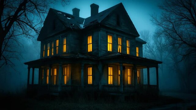 "Old, decaying house with mysterious glowing windows, eerie shadows, supernatural presence, haunting ambiance, dark and spooky atmosphere, perfect for horror and thriller productions."