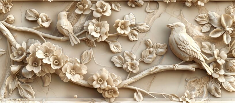 3D carved flowers and birds wall background, beige color, high detail, high resolution