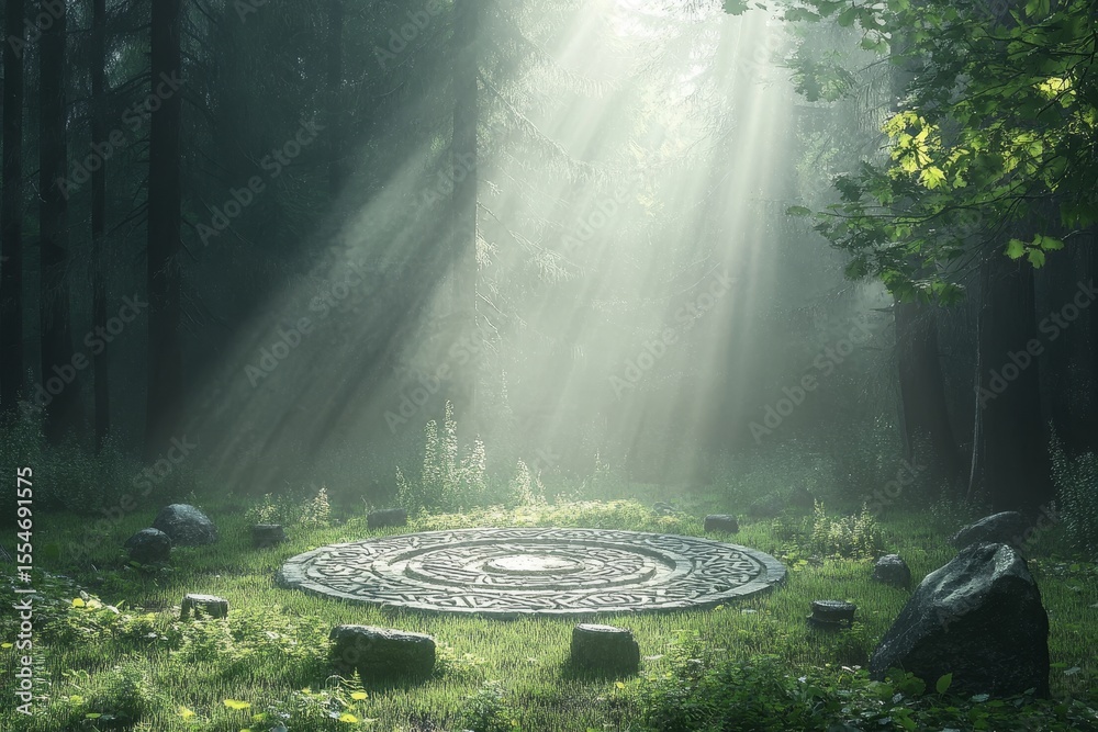 Wall mural circular pattern on ground in forest with sun rays shining through trees.