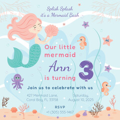 invitation card for children's birthday, little mermaid, underwater world, sea creatures, cute flat style