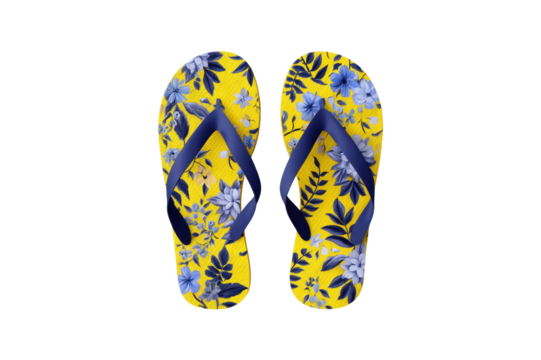 Pair Of Yellow Flip Flops With Blue Floral Design Navy Blue Straps Presented On A Transparent Background Transparent Background - Powered by Adobe