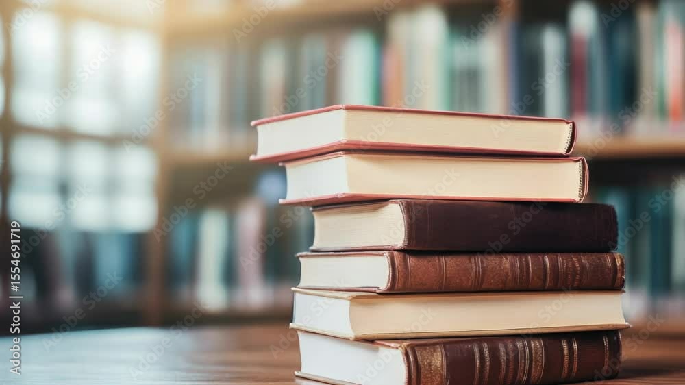 Poster a stack of books sitting on a wooden table, perfect for studying or reading