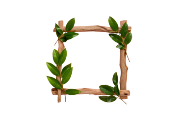 Natural Wooden Frame Adorned With Vibrant Green Leaves On A Transparent Background Suitable To Isolate