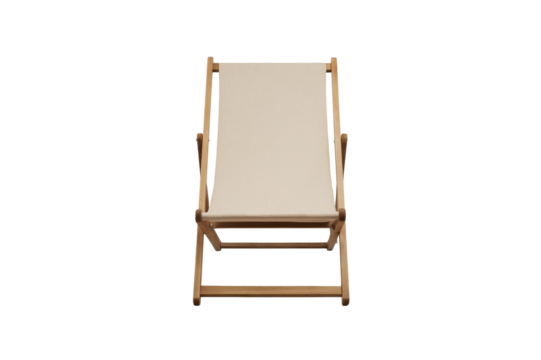 Front View Of A Wooden Frame Deck Chair With Light Canvas Fabric Seat Isolated On A Transparent Background Awaiting Placement