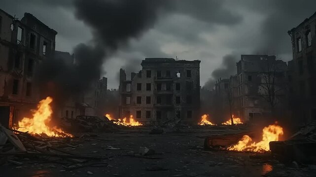 Desolate urban landscape with burning ruins, smoke-filled skies, and remnants of destruction