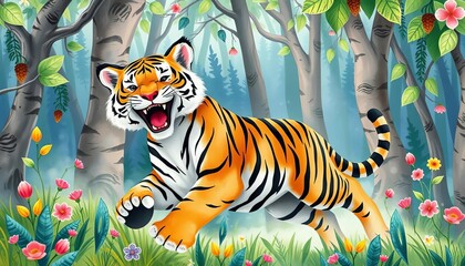 Watercolor tiger frolics in whimsical forest, celebrating joyfully,  green,  friendly