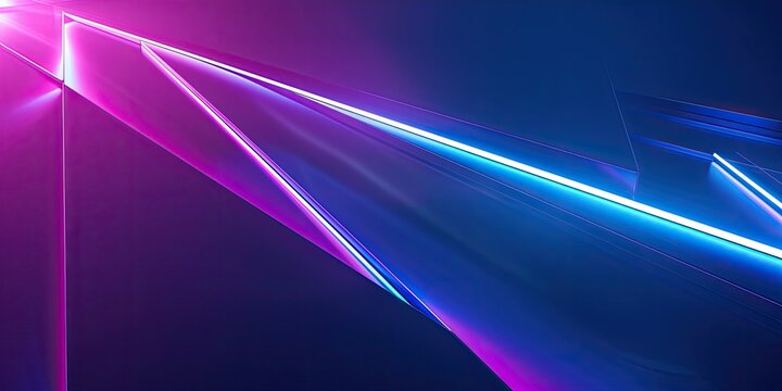 A flat abstract background with neon blue and purple lighting, featuring an angular shape on the left side of the frame. The light creates reflections that highlight the edges of the surface below it.