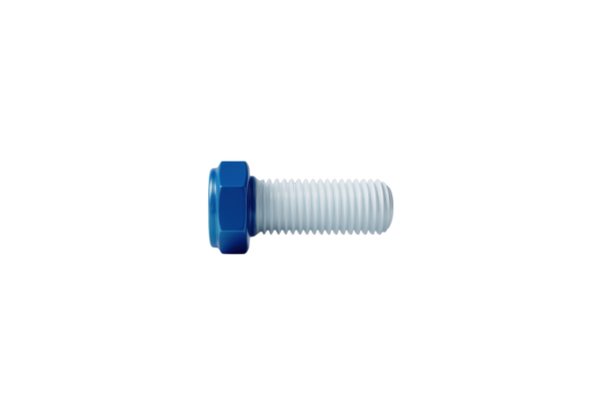 Single white metal bolt with blue hexagonal head lies horizontally on a black surface isolate