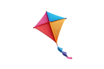 Colorful diamond shaped kite with pink red blue and yellow sections against a black backdrop streamers attached