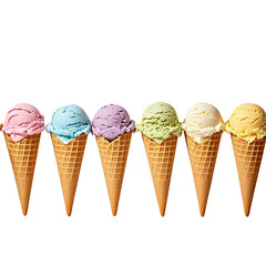 Artistic Arrangement Of Ice Cream Cones Laying Flat On White Background, Generative AI