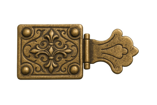 Close-up of an ornate brass hinge featuring a fleur-de-lis design, isolated on a transparent background, suitable for design projects