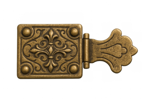 Close-up of an ornate brass hinge featuring a fleur-de-lis design, isolated on a transparent background, suitable for design projects