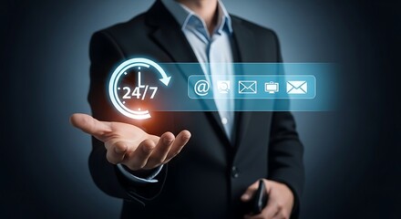 Businessman Hand Presenting 247 Support Clock Icon Digital Interface Email At Symbol Communication Technology